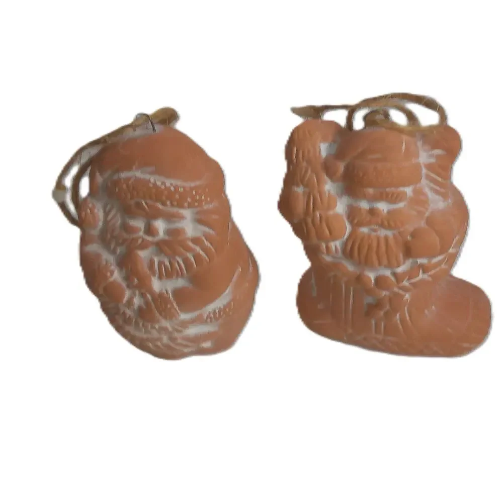Pier 1 Terracotta Santa Claus Christmas Ornaments Set of 2